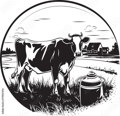 Organic Oasis Grass Farm Vector Logo with Dairy Cow Dairy Dreamland Cow with Milk Can Grass Farm Icon