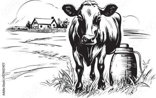 Fresh Farm Flavors Vector Logo with Cow, Milk Can, and Verdant Grass Pasture Perfection Cow and Milk Can Emblem on Flourishing Grass Farm