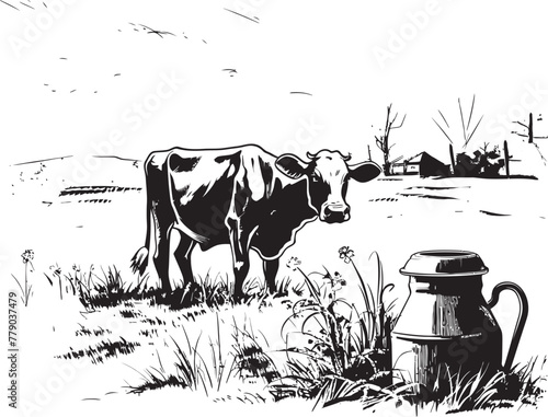 Serene Dairy Sanctuary Vector Logo Design with Cow, Milk Can, and Tranquil Grass Farm Lush Meadows Dairy Cow, Milk Can, and Grass Emblem in Vector Logo
