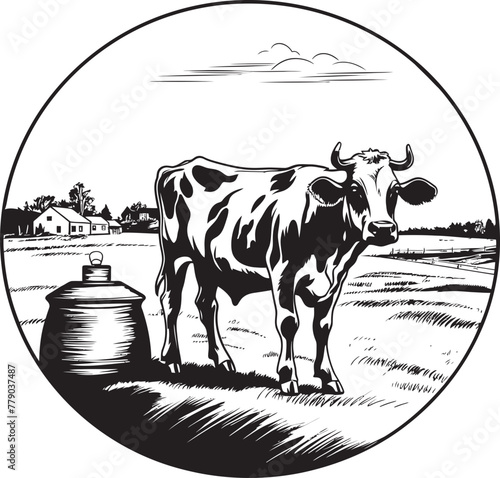 Natural Nourishment Vector Logo with Cow, Milk Can, and Fresh Grass Happy Holstein Harvest Cow, Milk Can, and Grass Emblem in Vector Logo