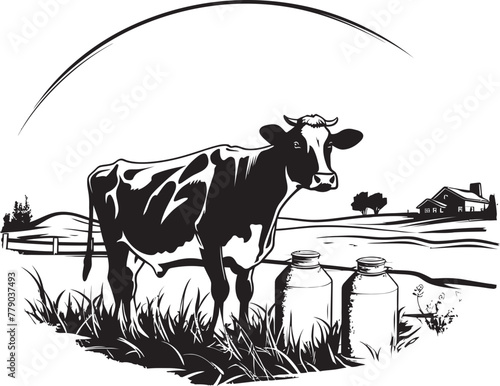 Blissful Bovine Haven Cow, Milk Can, and Grass Vector Design Natural Nourishment Vector Logo with Cow, Milk Can, and Fresh Grass