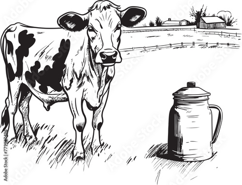 Wholesome Farmstead Vector Logo with Cow, Milk Can, and Verdant Grass Verdant Valley Visions Cow, Milk Can, and Grass Emblem in Vector Logo