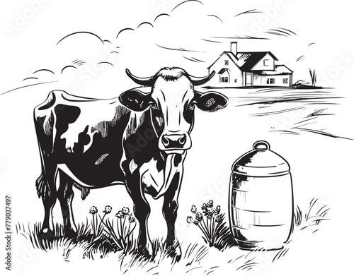 Happy Holstein Harvest Cow, Milk Can, and Grass Emblem in Vector Logo Farmstead Freshness Cow, Milk Can, and Grass Vector Logo Design