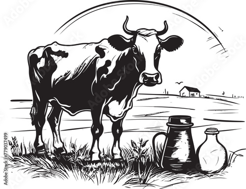 Verdant Valley Visions Cow, Milk Can, and Grass Emblem in Vector Logo Tranquil Pasture Paradise Cow, Milk Can, and Grass Vector Design