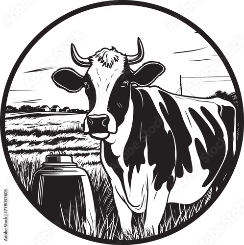 Pasture Pleasures Vector Logo with Cow, Milk Can, and Serene Grass Farm Serene Pastoral Sanctuary Cow, Milk Can, and Grass Emblem in Vector Logo