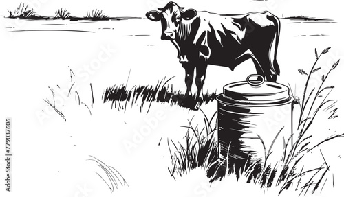 Cow and Can Harmony Grass Farm Icon with Cow and Milk Can Fresh Fields Folly Vector Logo with Cow, Milk Can, and Verdant Grass