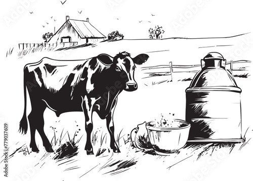 Green Grazing Galore Cow and Milk Can Emblem on Grassy Field Dairyland Dreams Vector Logo Design with Cow, Milk Can, and Lush Greenery
