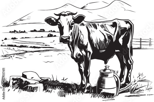 Meadow Magic Vector Logo Design with Cow, Milk Can, and Meadow Setting Verdant Valley Vision Cow, Milk Can, and Grass Vector Design