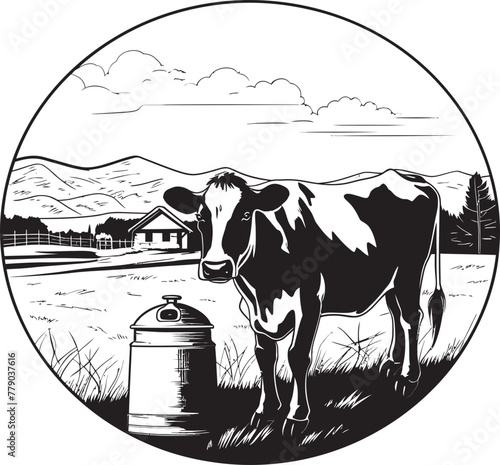 Fresh Fields Folly Vector Logo with Cow, Milk Can, and Verdant Grass Green Grazing Galore Cow and Milk Can Emblem on Grassy Field