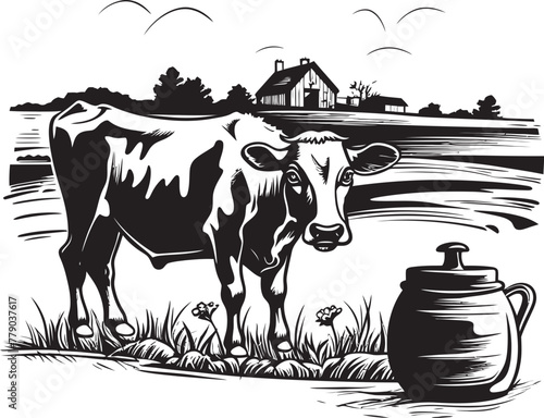 Nourishing Naturals Vector Logo Design with Cow, Milk Can, and Natural Landscape Country Charm Cow, Milk Can, and Grass Vector Logo