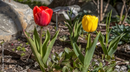There is a red and yellow tulip blooming in a garden during the spring season.