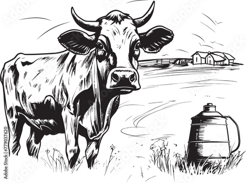 Serene Pastoral Sanctuary Cow, Milk Can, and Grass Emblem in Vector Logo Meadow Magic Vector Logo Design with Cow, Milk Can, and Meadow Setting