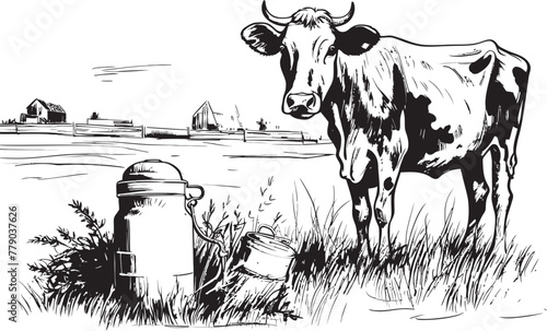 Verdant Valley Vision Cow, Milk Can, and Grass Vector Design Tranquil Dairy Retreat Vector Logo with Cow, Milk Can, and Tranquil Grass