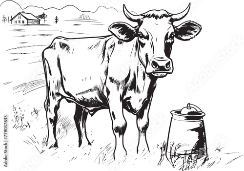 Country Charm Cow, Milk Can, and Grass Vector Logo Blissful Bovine Haven Vector Logo with Cow, Milk Can, and Scenic Grass