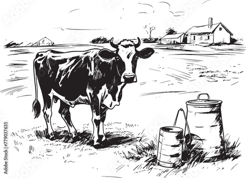 Blissful Bovine Haven Vector Logo with Cow, Milk Can, and Scenic Grass Sunny Dairy Dreamland Cow, Milk Can, and Grass Emblem in Vector Logo