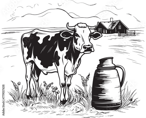 Happy Holstein Haven Cow, Milk Can, and Grass Emblem in Vector Logo Nourishing Naturals Vector Logo Design with Cow, Milk Can, and Natural Landscape