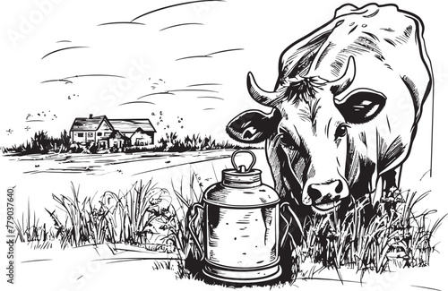 Blissful Bovine Bounty Cow, Milk Can, and Grass Vector Logo Pasture Pleasures Vector Logo with Cow, Milk Can, and Serene Grass Farm