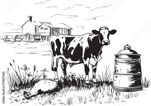 Pastoral Paradise Vector Logo Design with Cow, Milk Can, and Verdant Pastures Meadow Marvel Cow, Milk Can, and Grass Vector Design