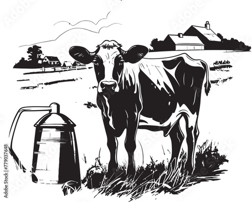Bountiful Bovine Bounty Vector Logo Design with Cow, Milk Can, and Abundant Grass Grassland Goodness Cow, Milk Can, and Grass Vector Logo