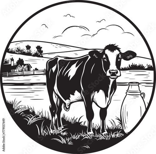 Tranquil Dairy Sanctuary Cow, Milk Can, and Grass Emblem in Vector Logo Bountiful Bovine Bounty Vector Logo Design with Cow, Milk Can, and Abundant Grass