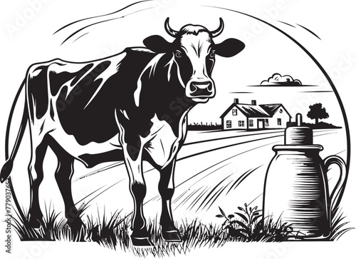 Verdant Valley Visions Vector Logo with Cow, Milk Can, and Picturesque Grass Tranquil Dairy Sanctuary Cow, Milk Can, and Grass Emblem in Vector Logo