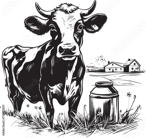 Dairyland Delights Vector Logo with Cow, Milk Can, and Rich Grass Green Pasture Paradise Cow, Milk Can, and Grass Emblem in Vector Logo