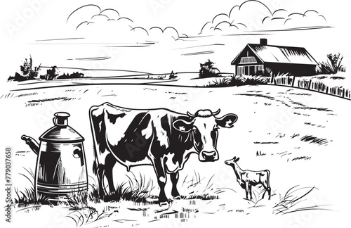 Grassland Goodness Cow, Milk Can, and Grass Vector Logo Dairyland Delights Vector Logo with Cow, Milk Can, and Rich Grass