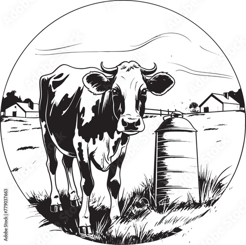 Tranquil Dairy Delights Vector Logo with Cow, Milk Can, and Serene Grass Happy Holstein Haven Cow, Milk Can, and Grass Emblem in Vector Logo