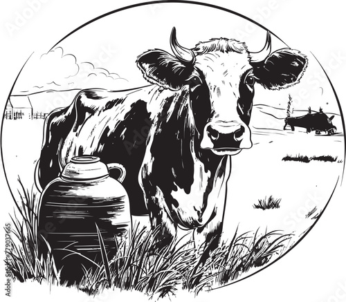Meadow Melodies Vector Logo Design with Cow, Milk Can, and Meadow Scene Verdant Valley Vista Cow, Milk Can, and Grass Vector Design