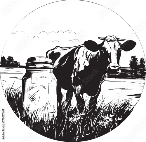 Blissful Bovine Bounty Vector Logo with Cow, Milk Can, and Tranquil Pasture Sunny Dairy Dreamland Cow, Milk Can, and Grass Emblem in Vector Logo