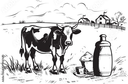 Happy Holstein Haven Cow, Milk Can, and Grass Emblem in Vector Logo Nourishing Naturals Vector Logo Design with Cow, Milk Can, and Natural Setting