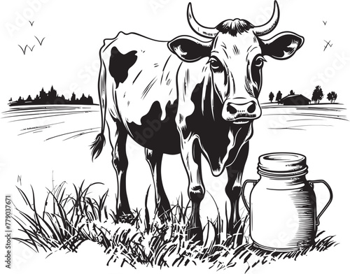 Nourishing Naturals Vector Logo Design with Cow, Milk Can, and Natural Setting Country Charm Cow, Milk Can, and Grass Vector Logo
