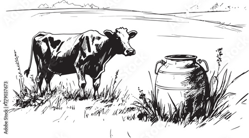 Green Pasture Paradise Cow, Milk Can, and Grass Emblem in Vector Logo Meadow Melodies Vector Logo Design with Cow, Milk Can, and Meadow Scene