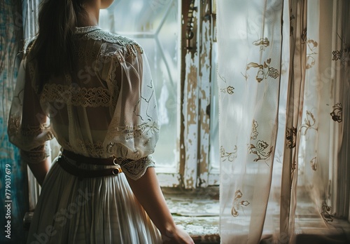 woman standing in lace shirt and skirt standing near the old rustic window with the paint flaking of the window frame. 