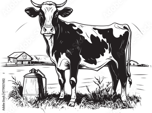 Verdant Valley Vista Cow, Milk Can, and Grass Vector Design Tranquil Dairy Delights Vector Logo with Cow, Milk Can, and Serene Grass