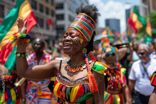 Juneteenth. a woman in a colorful costume is dancing in a parade. Generative AI