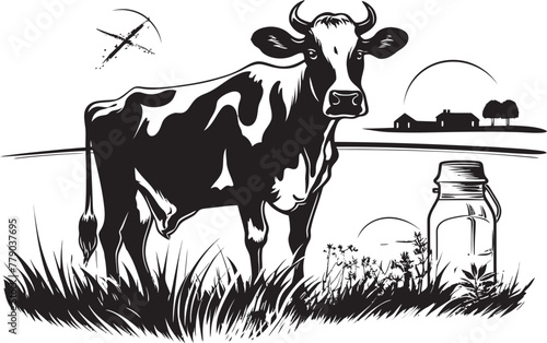 Sunny Dairy Dreamland Cow, Milk Can, and Grass Emblem in Vector Logo Pastoral Paradise Vector Logo Design with Cow, Milk Can, and Peaceful Grasslands