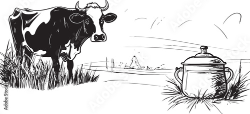 Pastoral Paradise Vector Logo Design with Cow, Milk Can, and Peaceful Grasslands Meadow Magic Cow, Milk Can, and Grass Vector Design