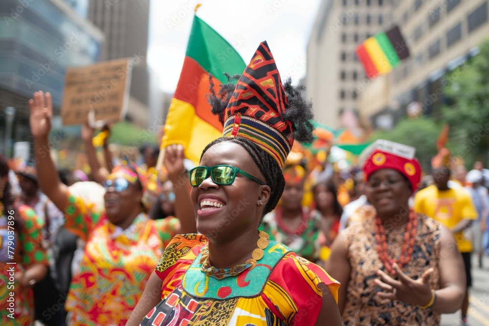 Juneteenth. Crowd celebrating with flags on the street during a festival. Generative AI Juneteenth. Crowd celebrating with flags on the street during a festival. Generative AI