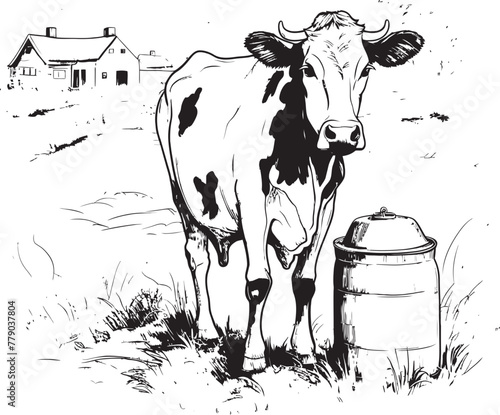 Green Pasture Paradise Cow, Milk Can, and Grass Emblem in Vector Logo Meadow Melodies Vector Logo Design with Cow, Milk Can, and Meadow Serenity