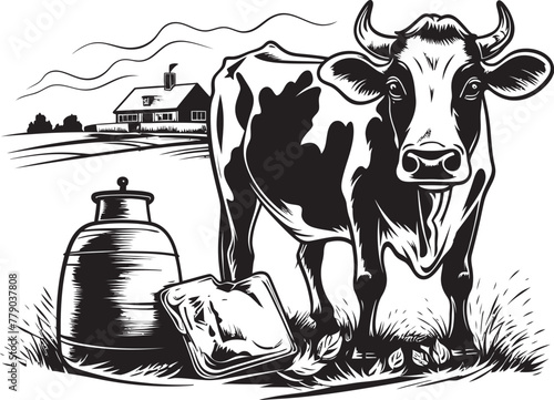 Verdant Valley Vista Cow, Milk Can, and Grass Vector Design Tranquil Dairy Delights Vector Logo with Cow, Milk Can, and Serene Grasslands