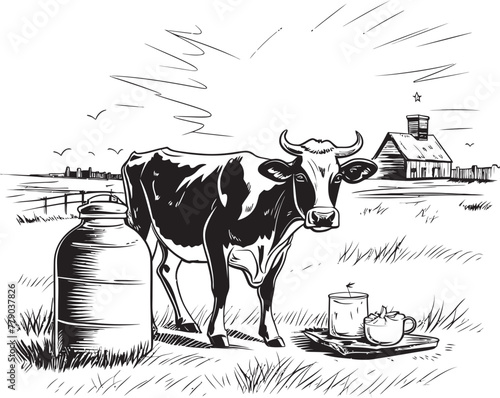 Nourishing Naturals Vector Logo Design with Cow, Milk Can, and Natural Splendor Country Charm Cow, Milk Can, and Grass Vector Logo