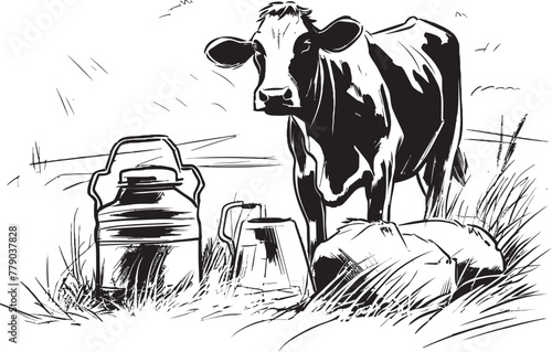 Blissful Bovine Bounty Vector Logo with Cow, Milk Can, and Tranquil Meadow Sunny Dairy Dreamland Cow, Milk Can, and Grass Emblem in Vector Logo