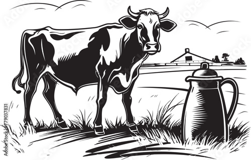 Pastoral Paradise Vector Logo Design with Cow, Milk Can, and Idyllic Pastures Meadow Magic Cow, Milk Can, and Grass Vector Design