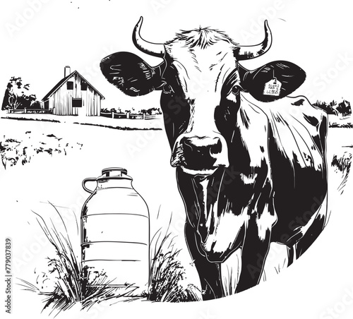 Dairy Haven Cow and Milk Can Vector Emblem Pastoral Pleasures Grass Farm Logo with Cow and Milk Can