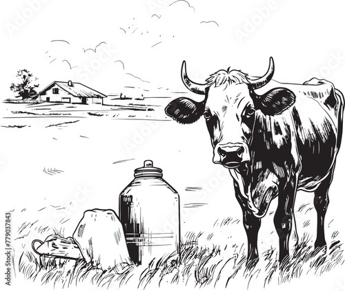 Creamery Charm Cow and Milk Can Vector Icon in Grass Farm Setting Moo Majesty Cow and Milk Can Logo Design on Grassy Field