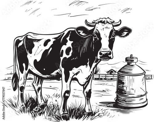 Organic Oasis Grass Farm Vector Logo with Cow and Milk Can Dairy Delight Cow and Milk Can Emblem in Green Pastures