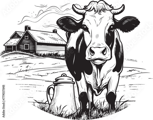 Country Charm Cow, Milk Can, and Grass Vector Logo Blissful Bovine Bounty Vector Logo with Cow, Milk Can, and Tranquil Meadow
