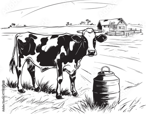 Rural Riches Grass Farm Icon featuring Cow and Milk Can Wholesome Harmony Cow and Milk Can Emblem in Vector Logo