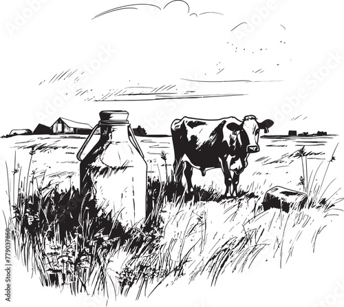 Sunny Dairy Dreamland Cow, Milk Can, and Grass Emblem in Vector Logo Pastoral Paradise Vector Logo Design with Cow, Milk Can, and Idyllic Pastures